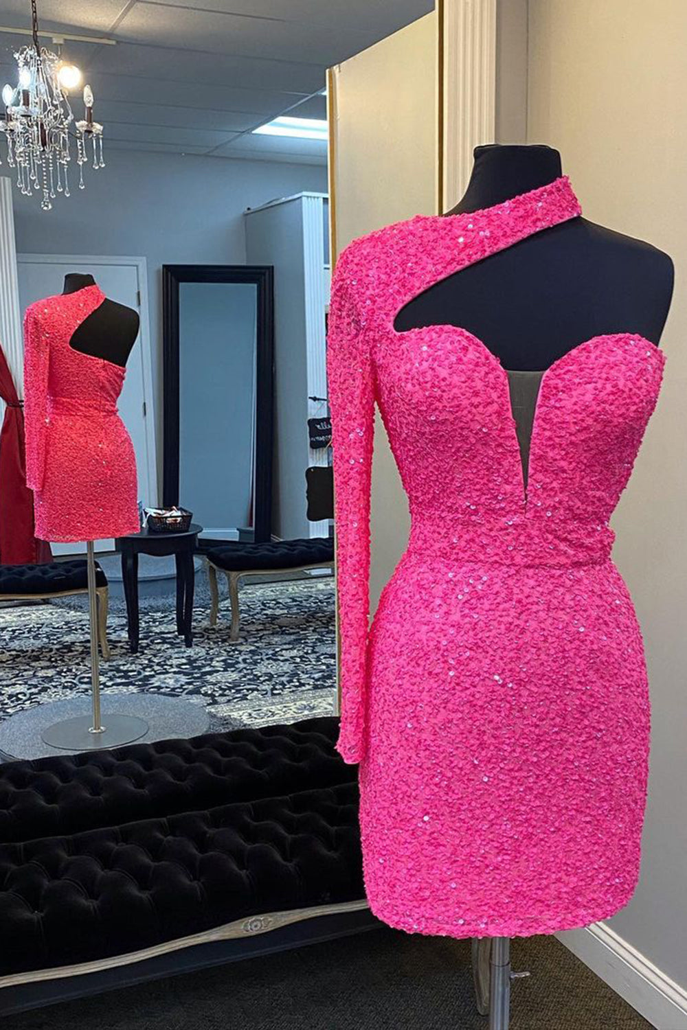 Hot Pink Asymmetrical Sequins Long Sleeve Homecoming Dress
