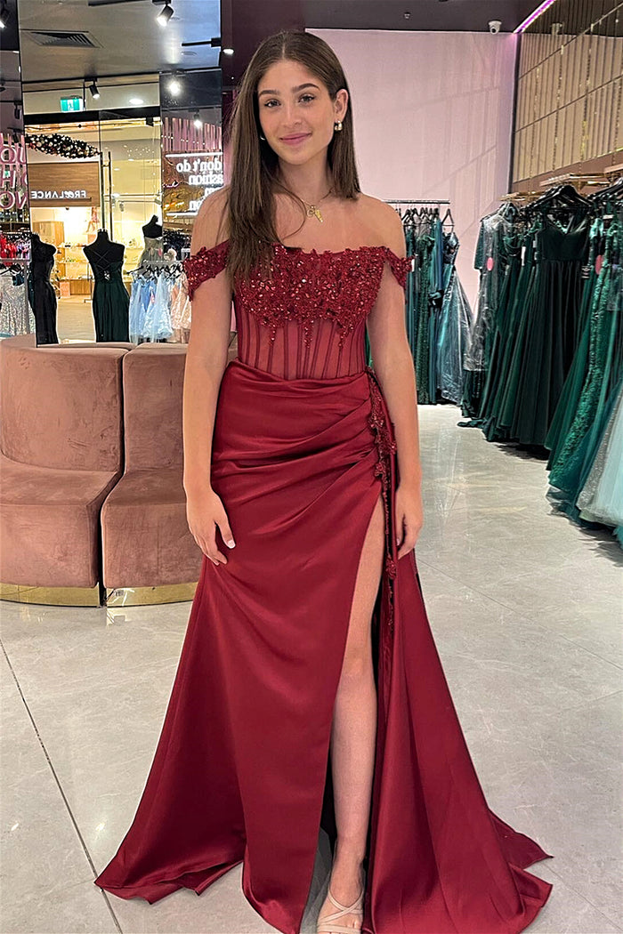 Red Off-Shoulder Mermaid Floral Rhinestones Long Prom Dress with Slit