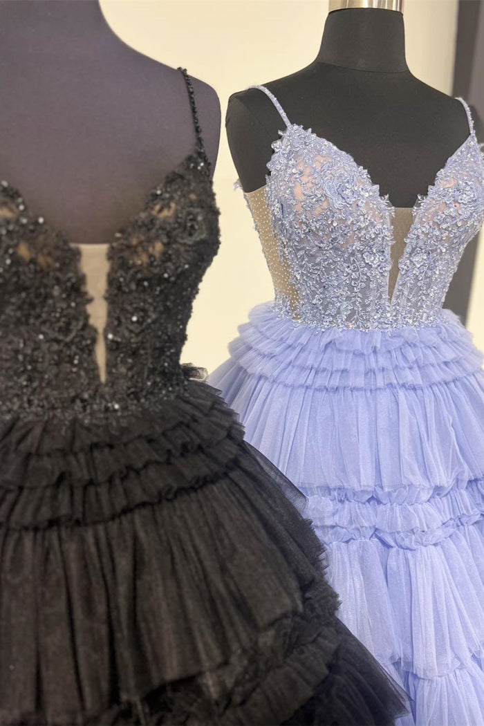 Black & Lavender Floral Layers Spaghetti Straps Lonh Prom Dress