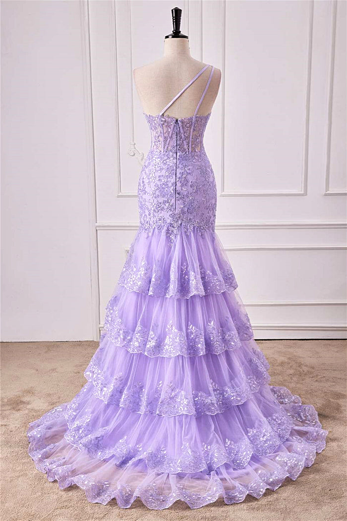 Lavender One Shoulder Floral Layers Mermaid Long Prom Dress with Slit