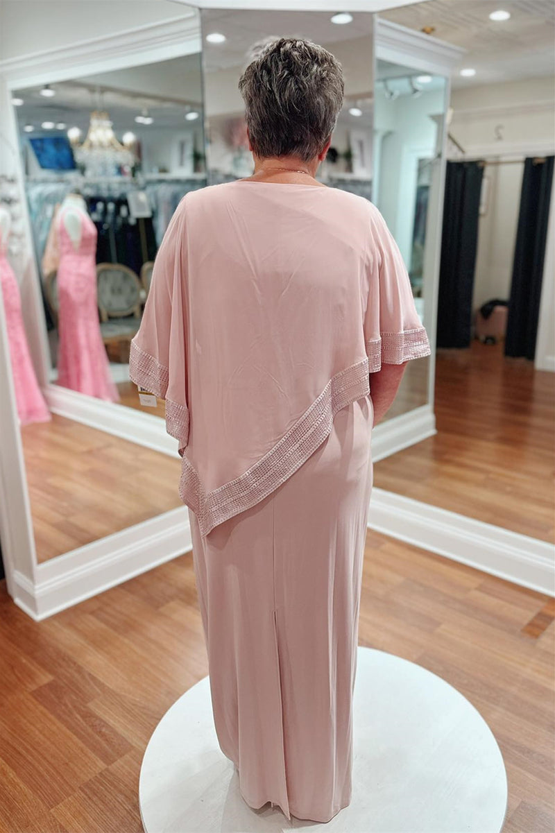 Pink Draped Sleeves Satin Long Mother of Bride Dress with Slit