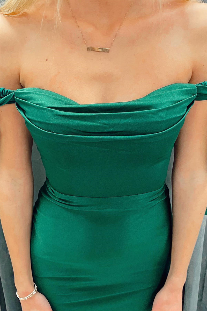 Hunter Green Off-the-Shoulder Mermaid Satin Long Prom Dress with Slit