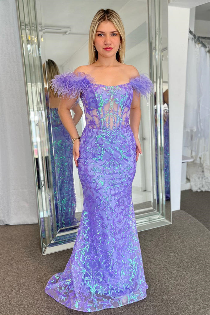 Lavender Off-the-Shoulder Mermaid Sequined Long Prom Dress with Feathers