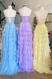 Sky Blue & Lavender & Yellow Illusion Halter Flower Appliques Multi-Layers Long Prom Dress