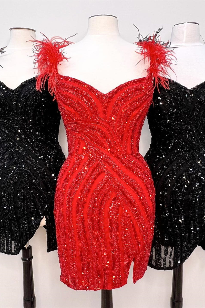 Red & Black V Neck Feathers Sequins Sheath Homecoming Dress