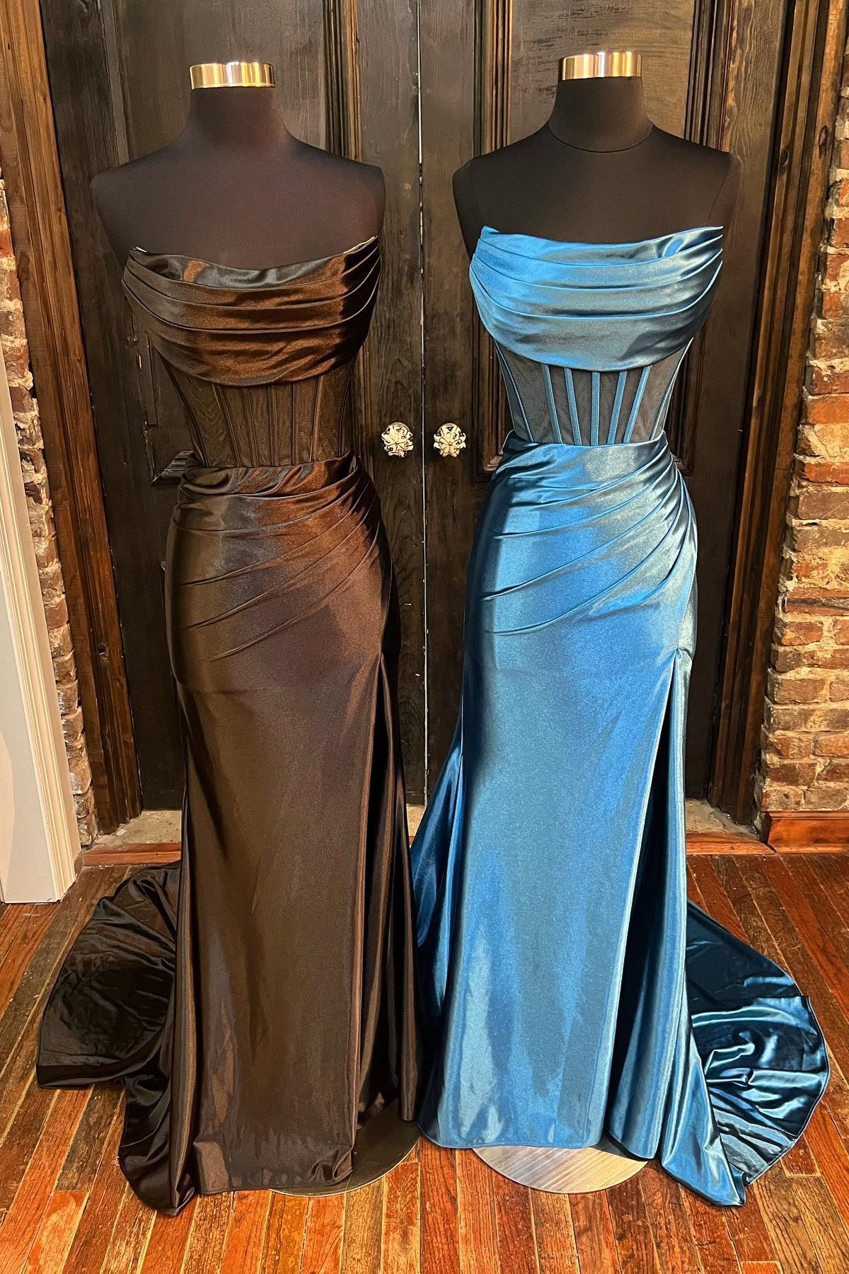 Black & Blue Satin Strapless Pleated Mermaid Long Prom Dress with Slit