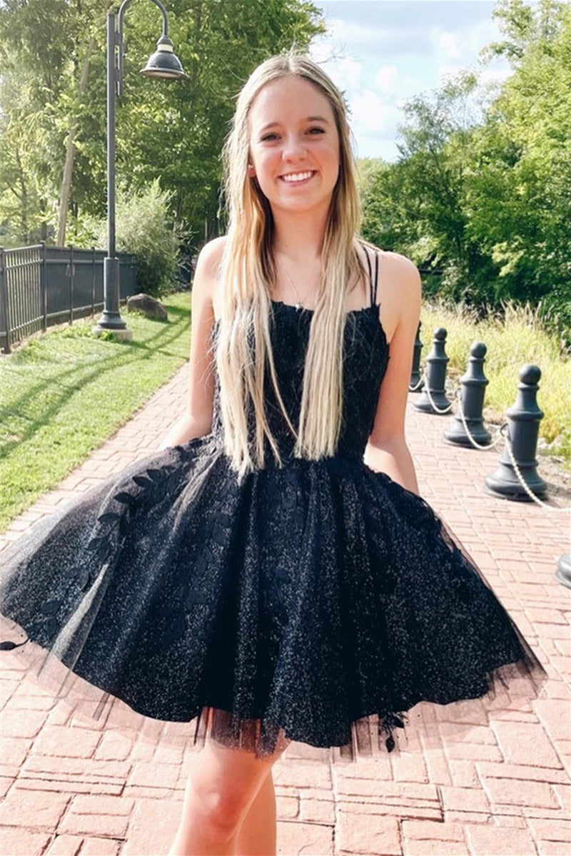 Sparkly Black A-line Appliques Lace-Up Homecoming Dress