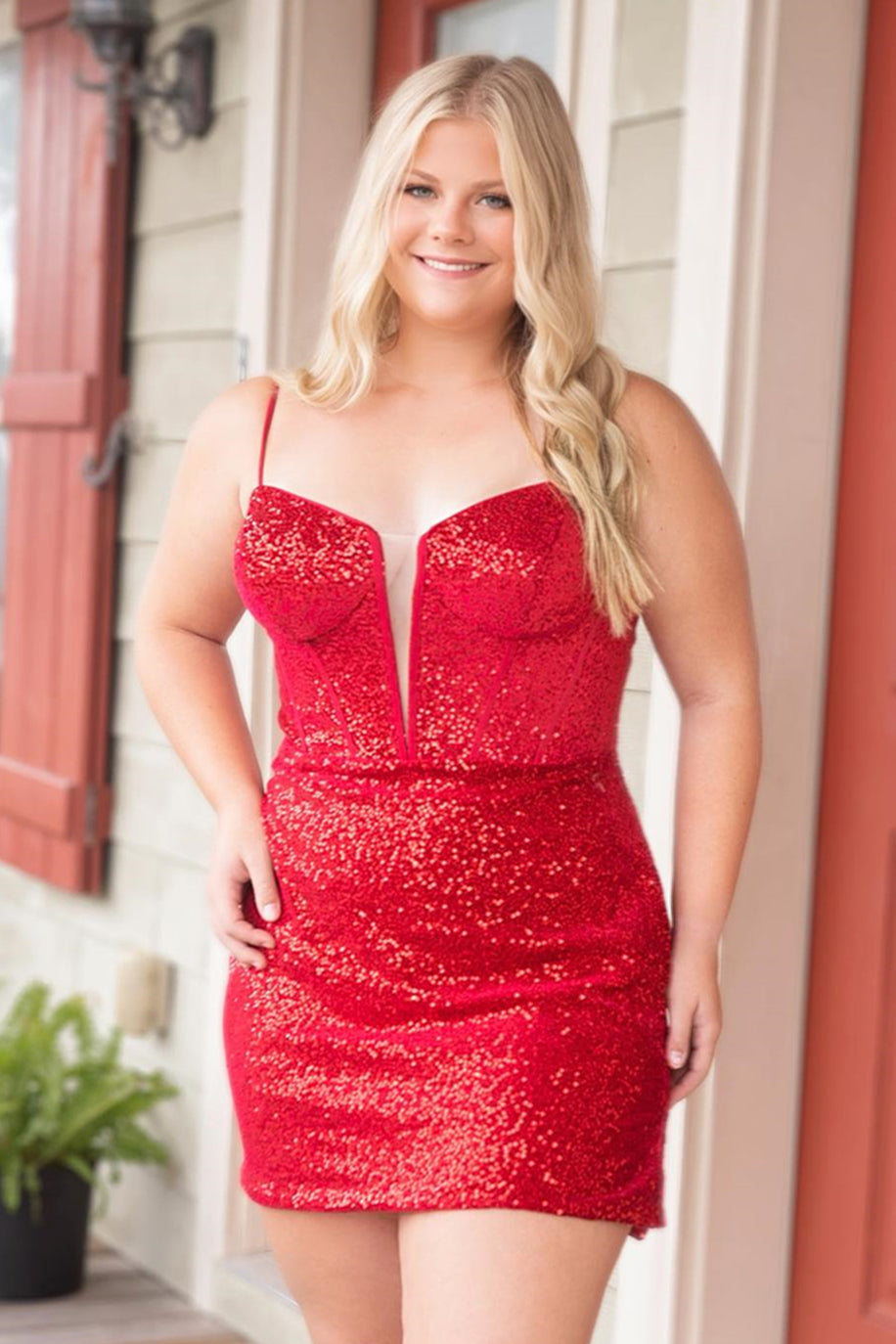Red Sequins Lace-Up Sheath Homecoming Dress
