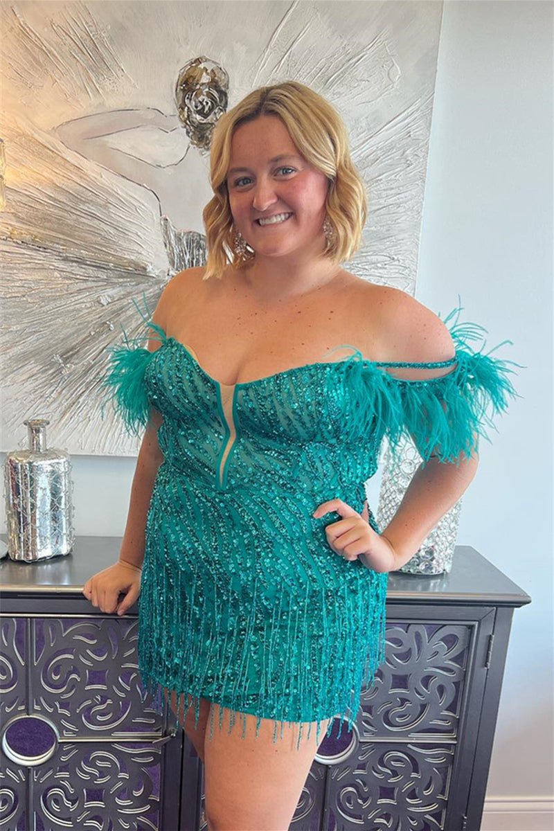 Hunter Green Off-the-Shoulder Sequined Tassels Homecoming Dress with Feathers