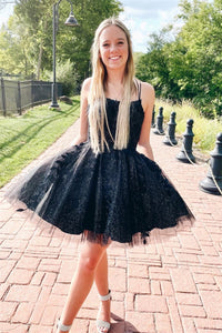 Sparkly Black A-line Appliques Lace-Up Homecoming Dress