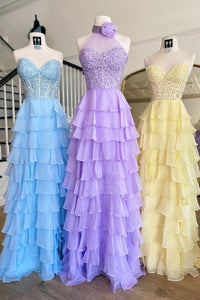 Sky Blue & Lavender & Yellow Illusion Halter Flower Appliques Multi-Layers Long Prom Dress