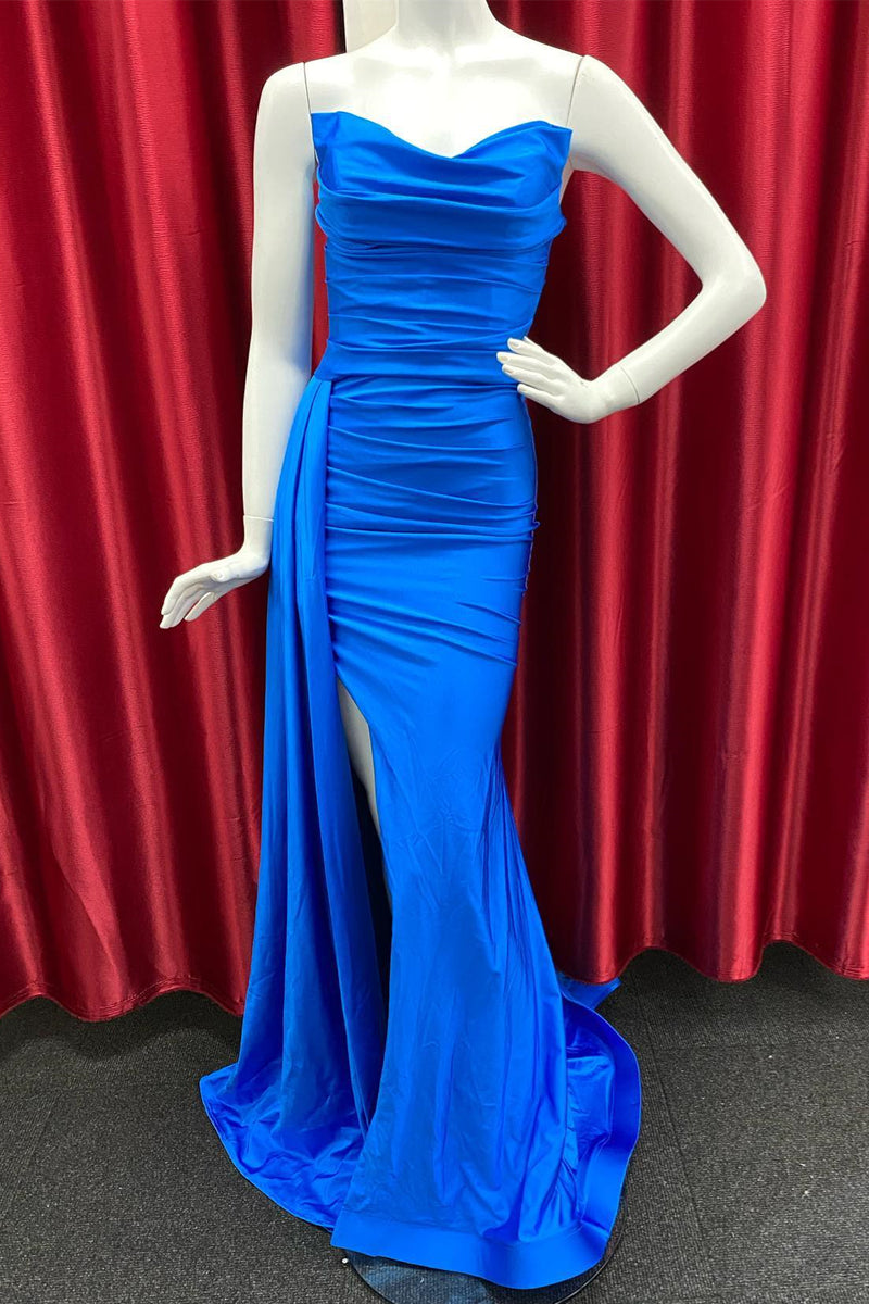 Royal Blue Cowl Strapless Mermaid Satin Long Prom Dress with Slit