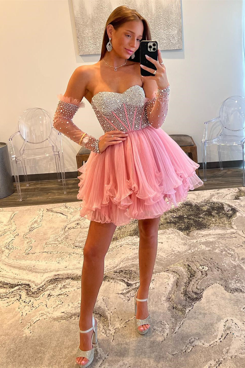 Pink Beaded Strapless A-line Ruffle Layers Homecoming Dress with Detachable Sleeves
