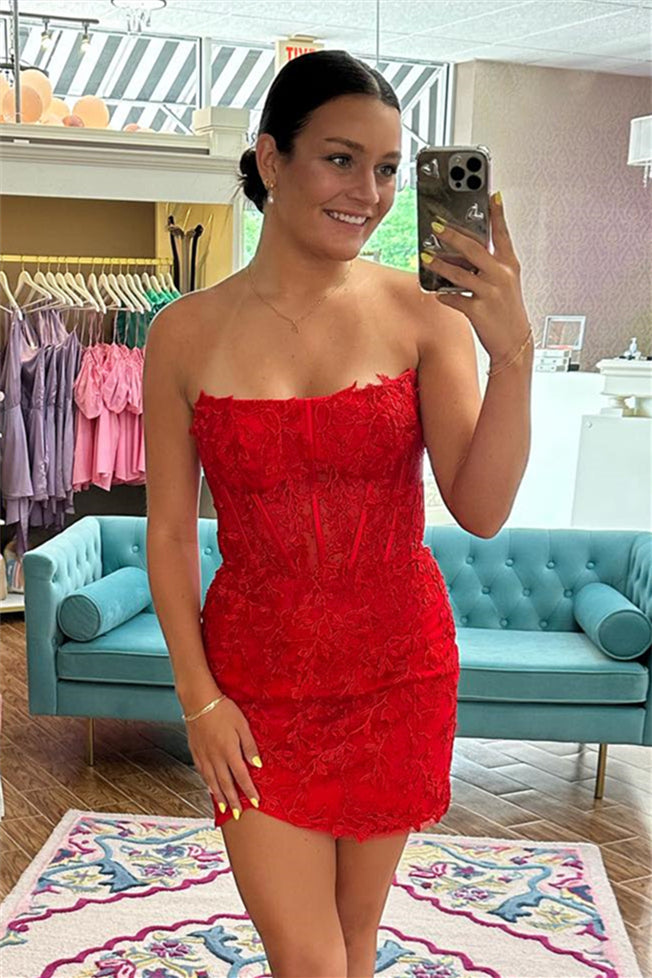 Red Strapless Sheath Appliques Homecoming Dress