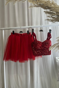 Red Two-Piece Sequins Top Bow Tie Straps A-line Homecoming Dress