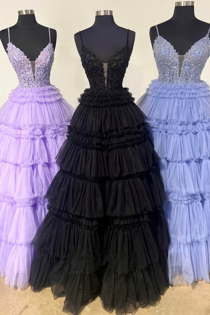 Lilac & Black & Lavender Floral Layers Spaghetti Straps Lonh Prom Dress