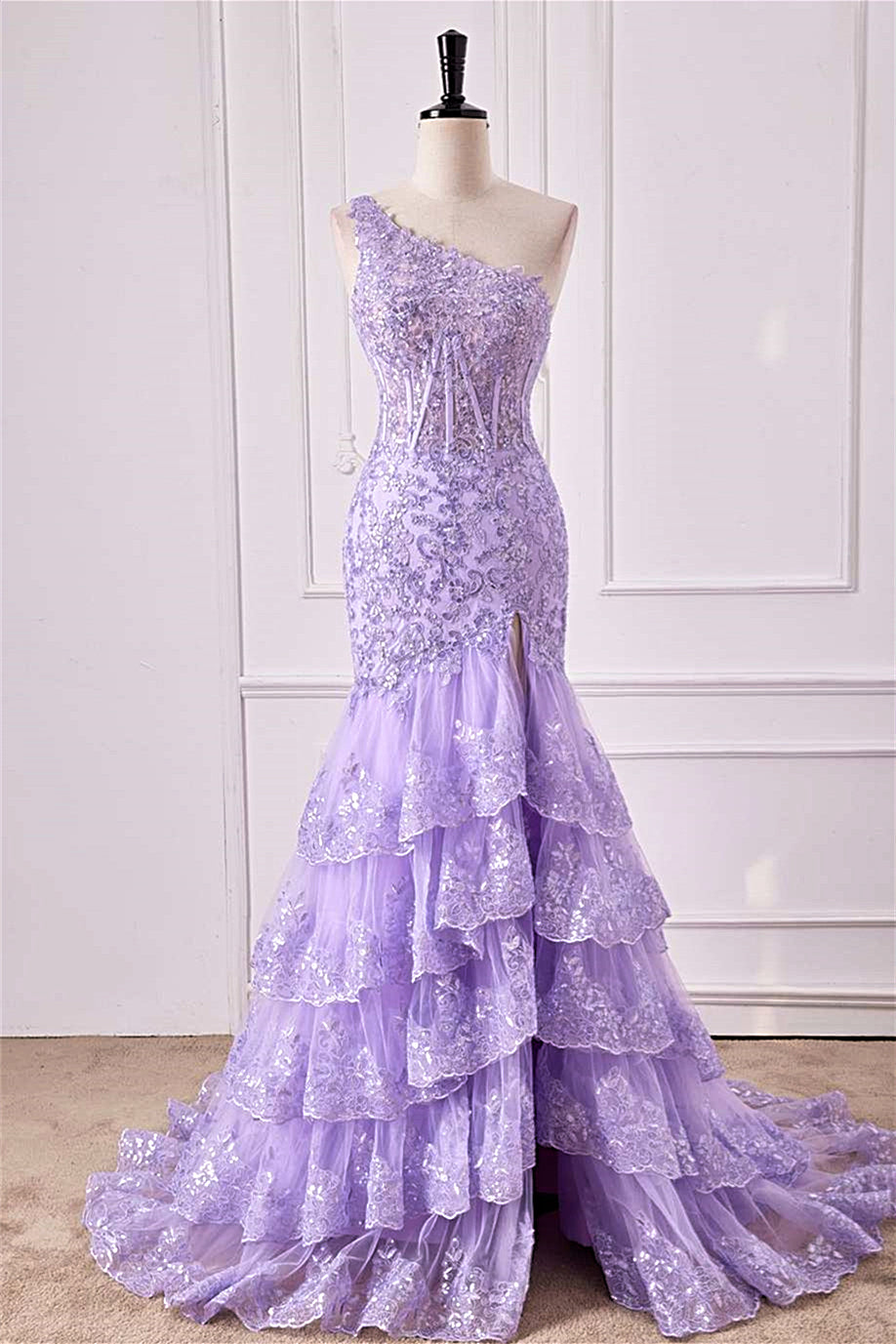 大勧め Lavender Dress Prom Long Mermaid Layers Floral Shoulder One ワンピース