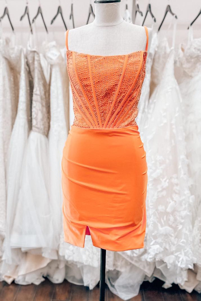 Orange Beaded Sheath Satin Straps Homecoming Dress