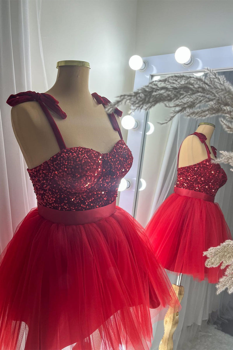 Red Two-Piece Sequins Top Bow Tie Straps A-line Homecoming Dress