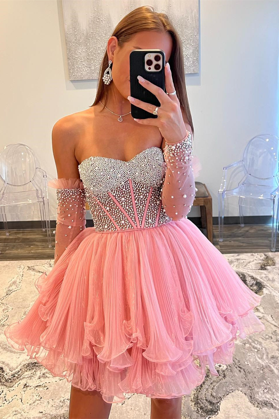 Sweetheart Neck Strapless Pink Sequins Short Prom Dress, Pink Tulle Ho –  abcprom