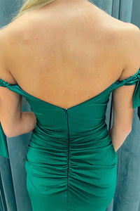 Hunter Green Off-the-Shoulder Mermaid Satin Long Prom Dress with Slit