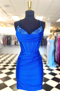 Sparkly Royal Blue Beaded Pleated Sheath Lace-Up Homecoming Dress