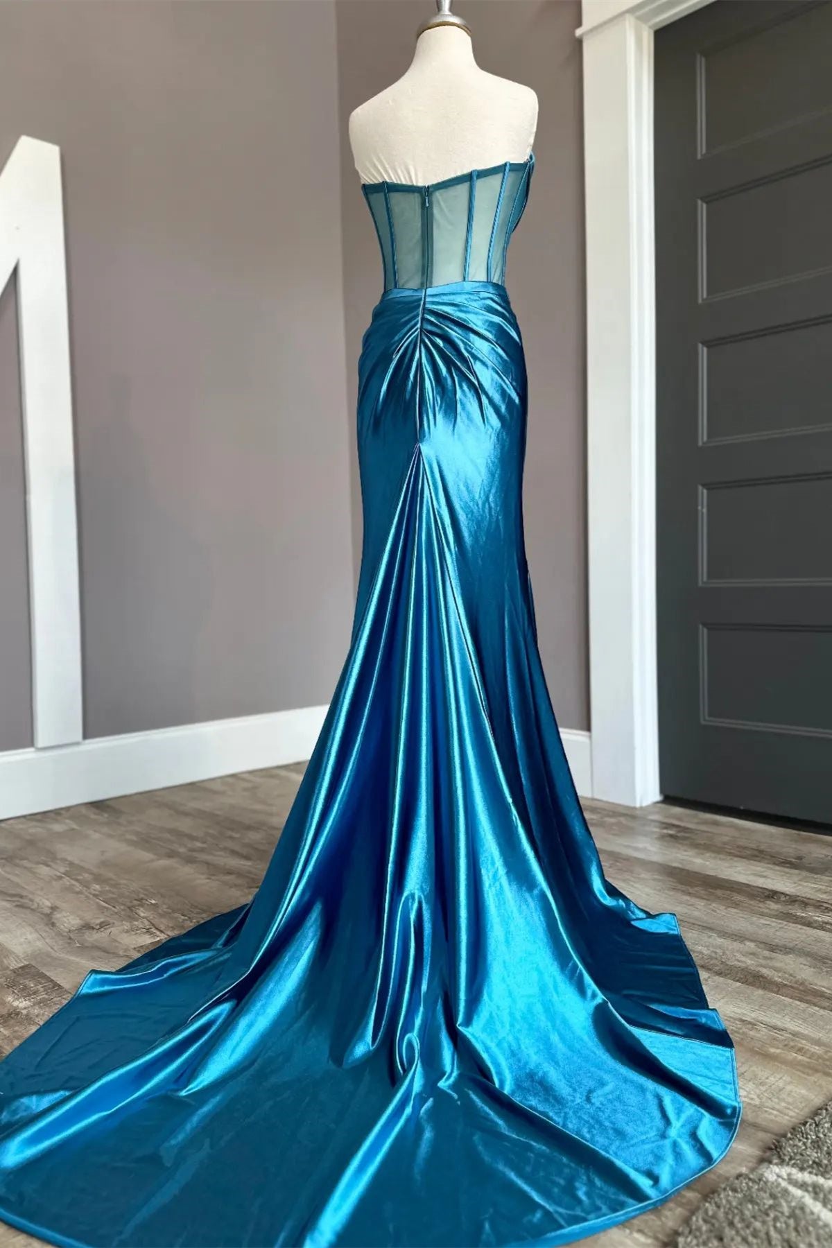 Blue Satin Strapless Pleated Mermaid Long Prom Dress with Slit
