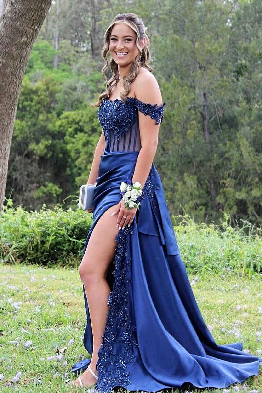 Navy Blue Off-Shoulder Mermaid Floral Rhinestones Long Prom Dress with Slit