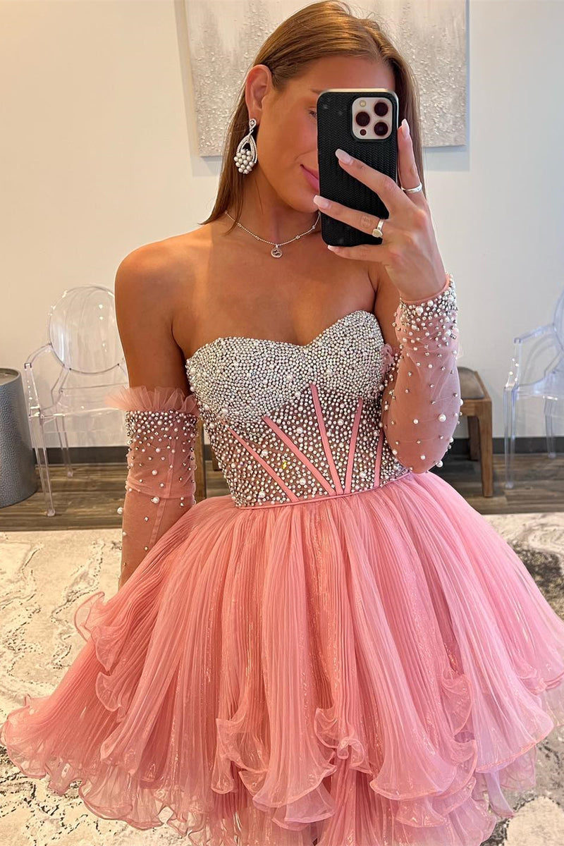 Pink Beaded Strapless A-line Ruffle Layers Homecoming Dress with Detachable Sleeves