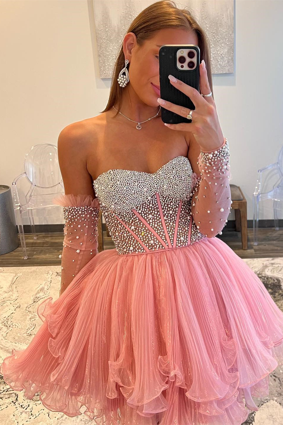 Bustier Style Beaded Black Corset + Double-Layer Pink Ruffled Skirt