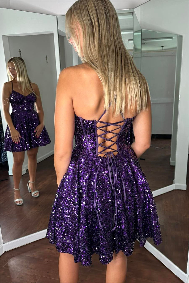 Grape Lace-Up A-line Sequins Homecoming Dress