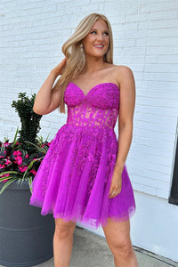 Red Strapless Appliques A-line Tulle Homecoming Dress