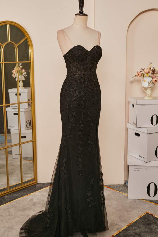 Black Strapless Appliques Mermaid Long Prom Dress with Slit