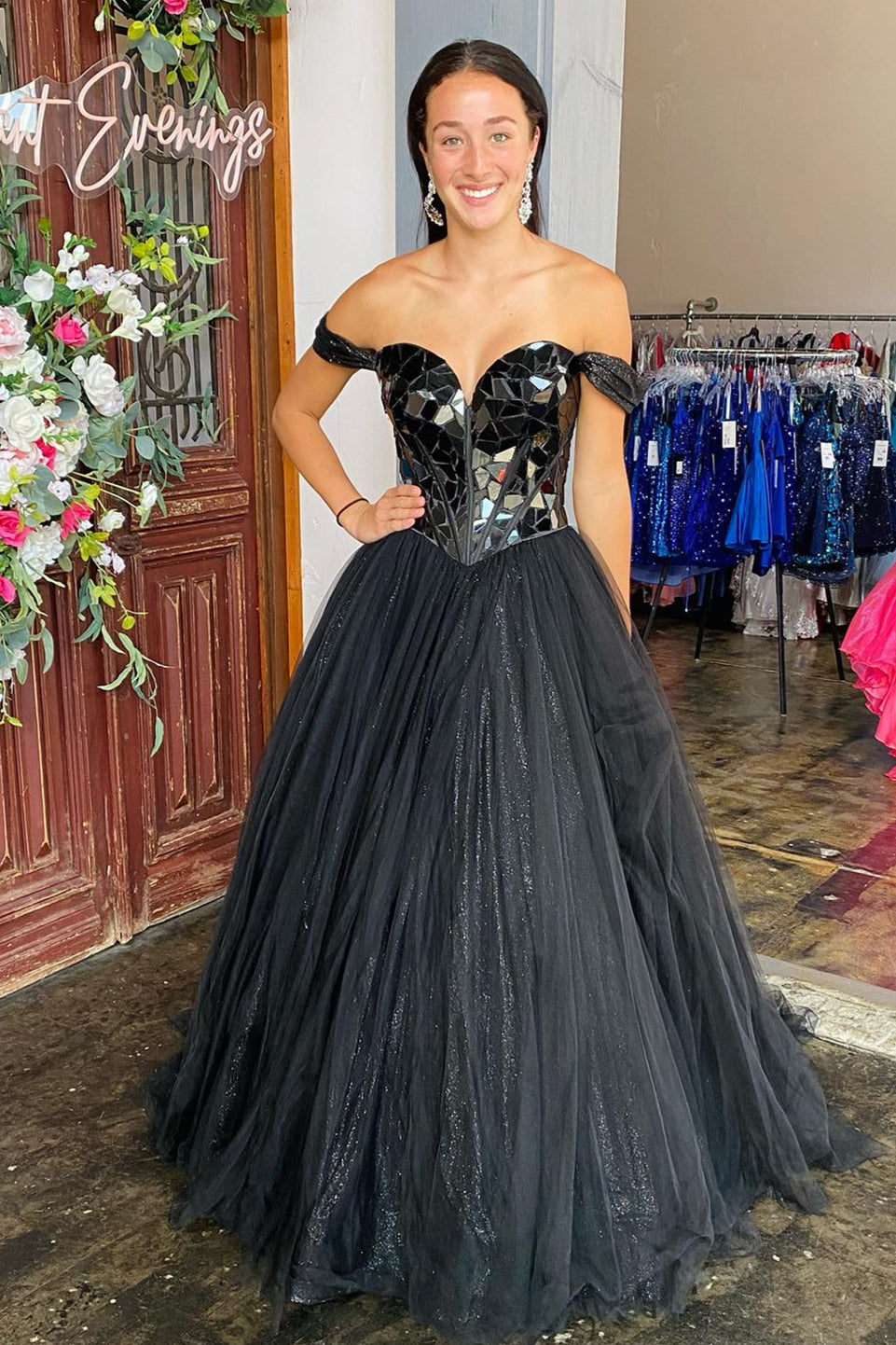 Black Mirror-Cut Sequins Top Off-the-Shoulder A-line Tulle Long Prom Dress
