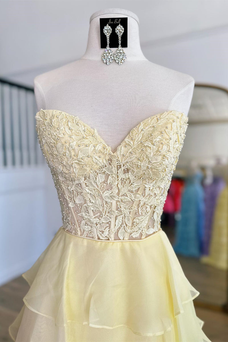 Yellow Illusion Halter Flower Appliques Multi-Layers Long Prom Dress
