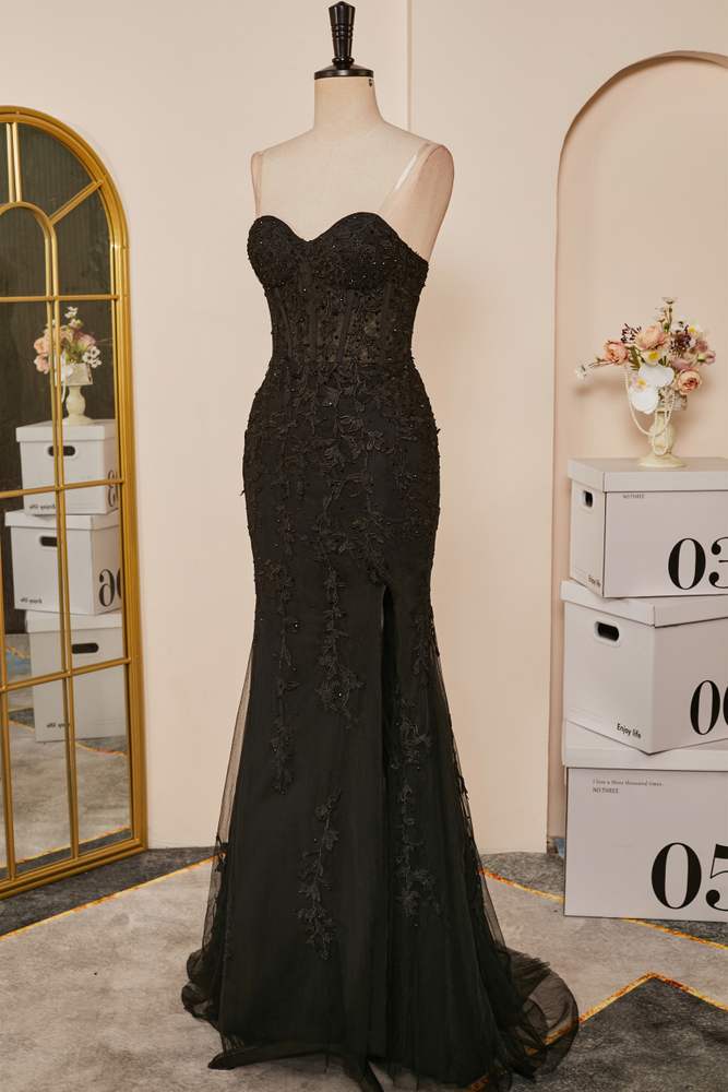 Black Strapless Appliques Mermaid Long Prom Dress with Slit