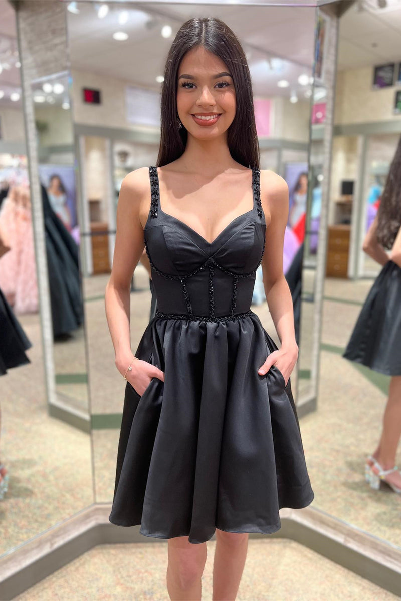 Black A-line Beaded Straps Satin Homecoming Dress