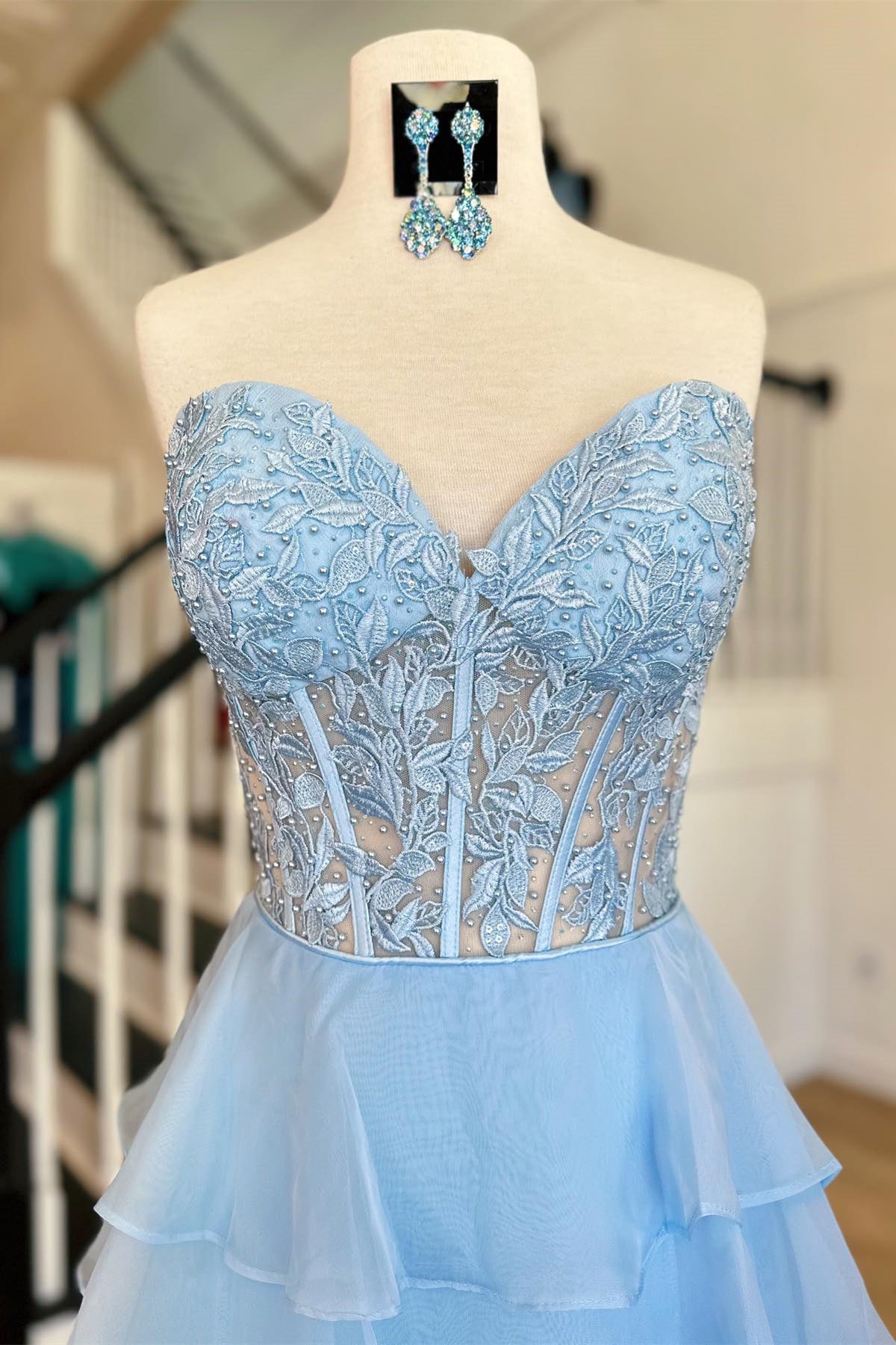 Sky Blue Illusion Halter Flower Appliques Multi-Layers Long Prom Dress