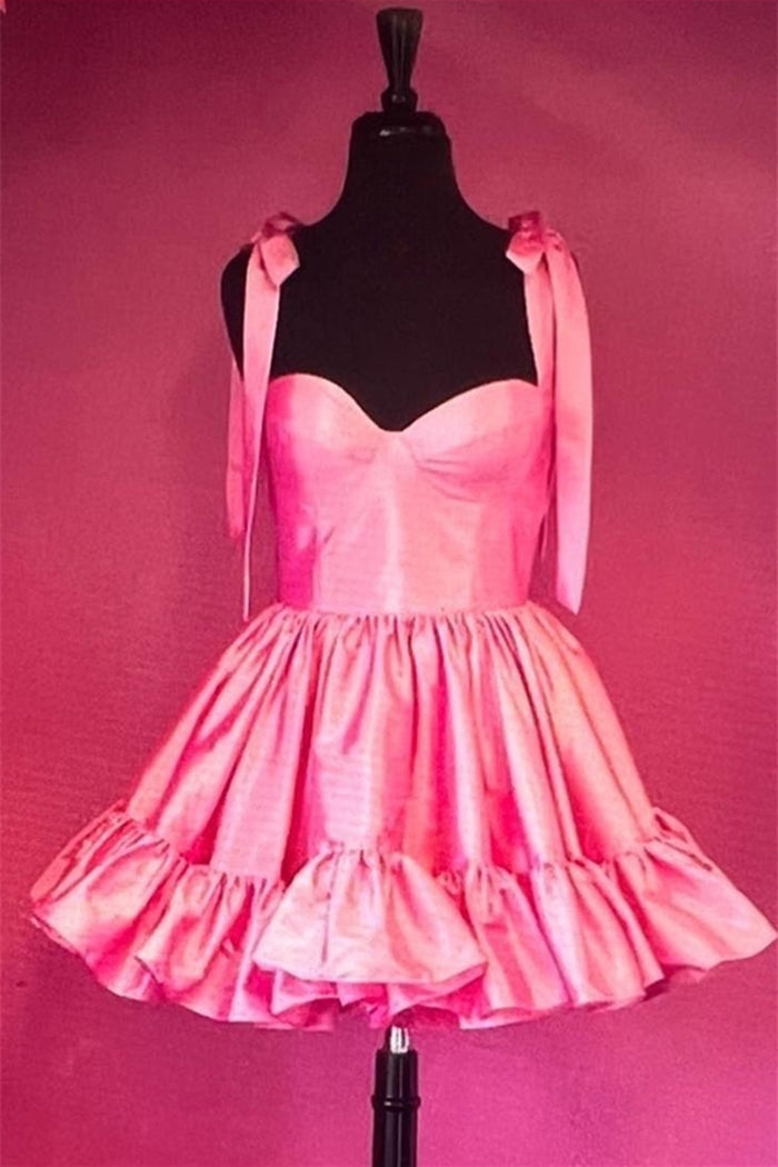 Pink Satin A-line Ruffle Bow Tie Homecoming Dresss