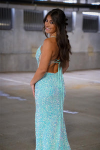 Blue Sequins V Neck Straps Mermaid Cut-Out Long Prom Dress with Slit