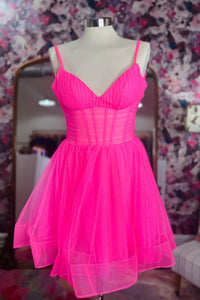 Fuchsia Deep V Neck Straps A-line Tulle Homecoming Dress