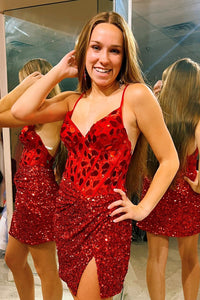 Red Mirror-Cut Sequins Halter Sheath V Neck Homecoming Dress