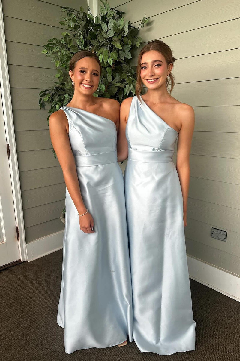 One Shoulder Light Blue Satin A-line Bridesmaid Dress