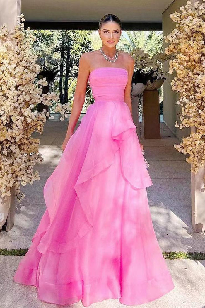 Strapless Pink Tulle Ruffle A-line Formal Dress