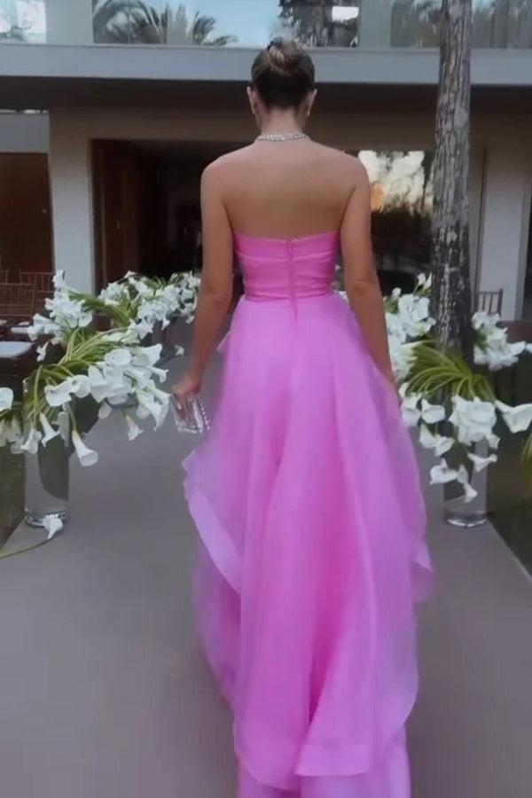 Strapless Pink Tulle Ruffle A-line Formal Dress