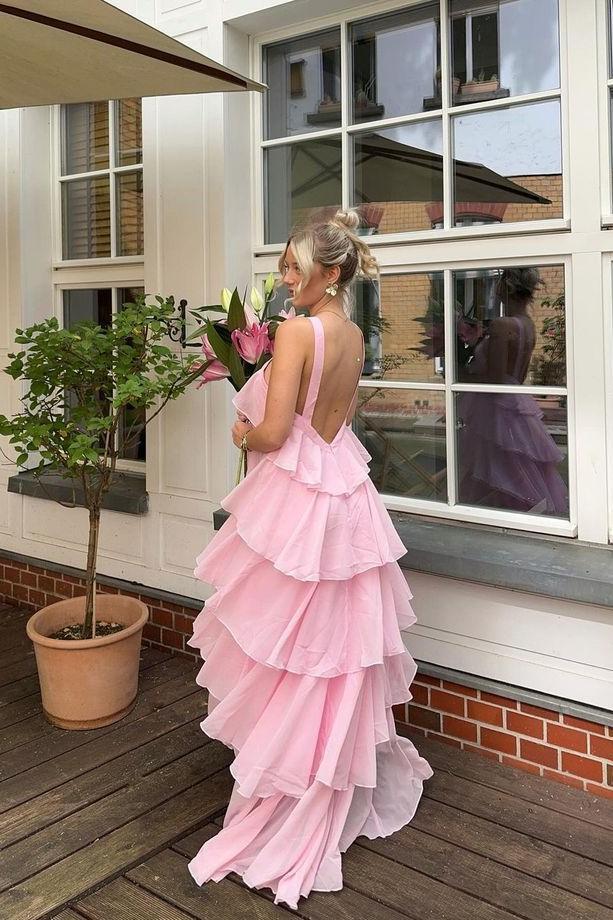 Halter Pink Chiffon Ruffle Party Dress