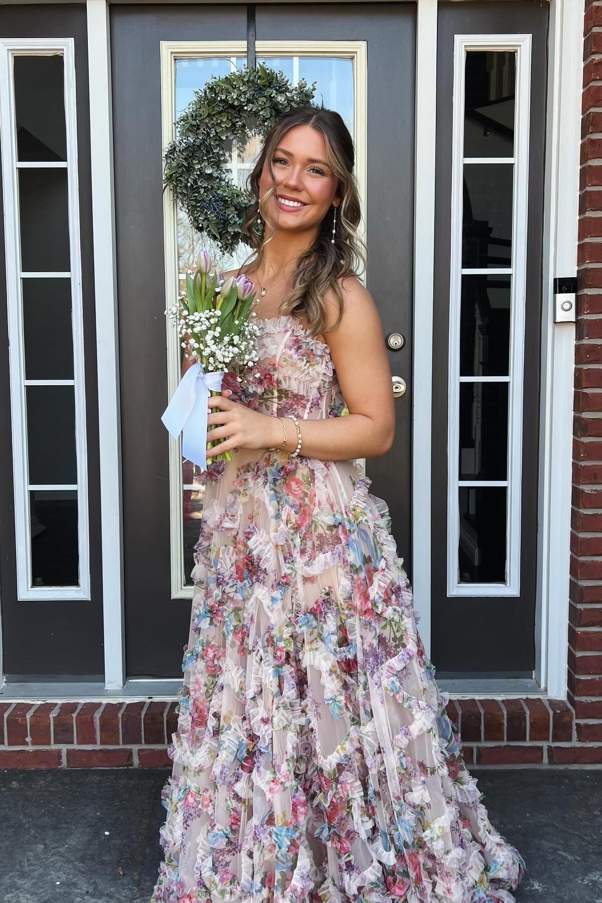 Strapless Floral Tulle Ruffles Formal Gown