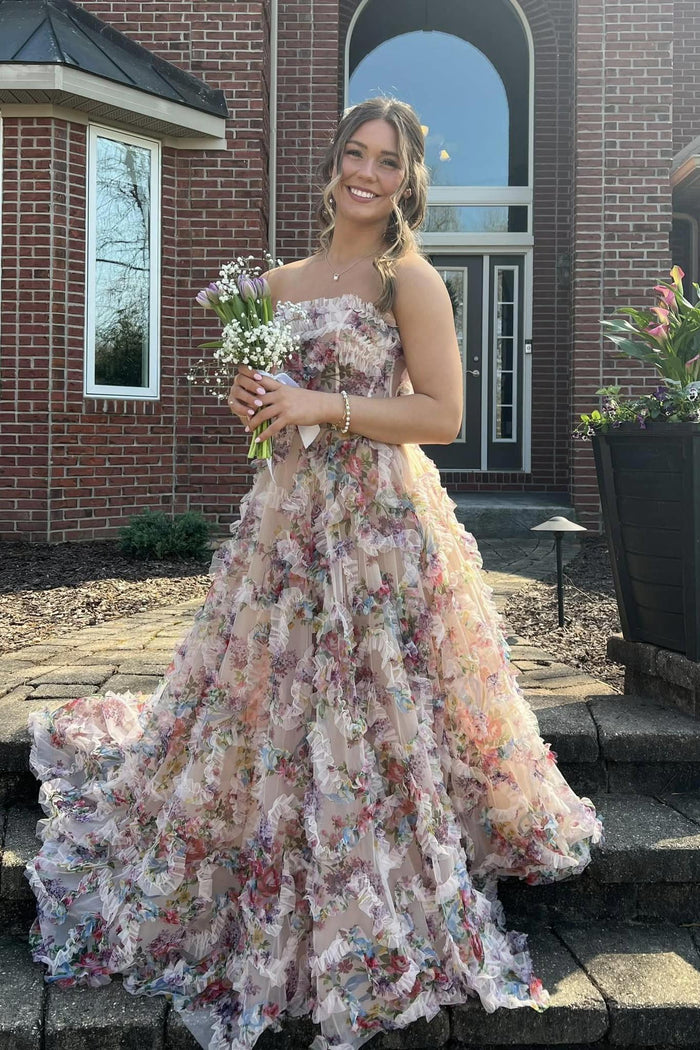 Strapless Floral Tulle Ruffles Formal Gown