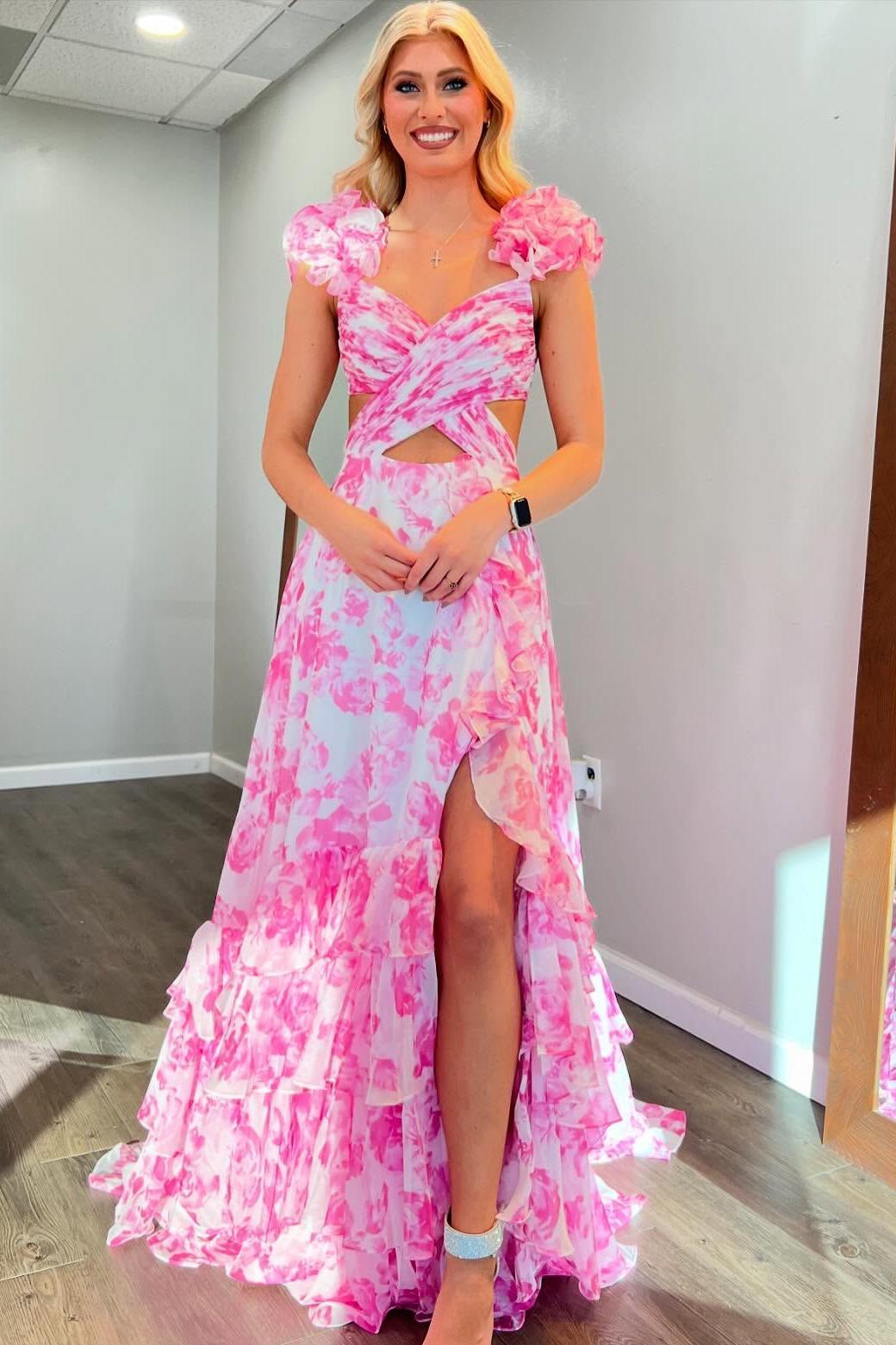 Sexy Pink Floral Cutouts A-line Ruffle Long Dress