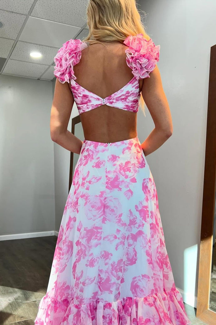 Sexy Pink Floral Cutouts A-line Ruffle Long Dress